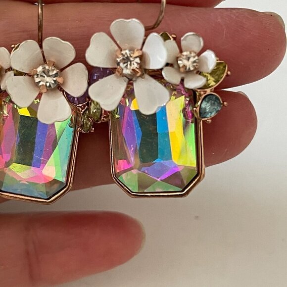 Betsey Johnson Flower Cluster Aurora Borealis AB Drop Pierced Earrings 1.75" - Picture 3 of 7